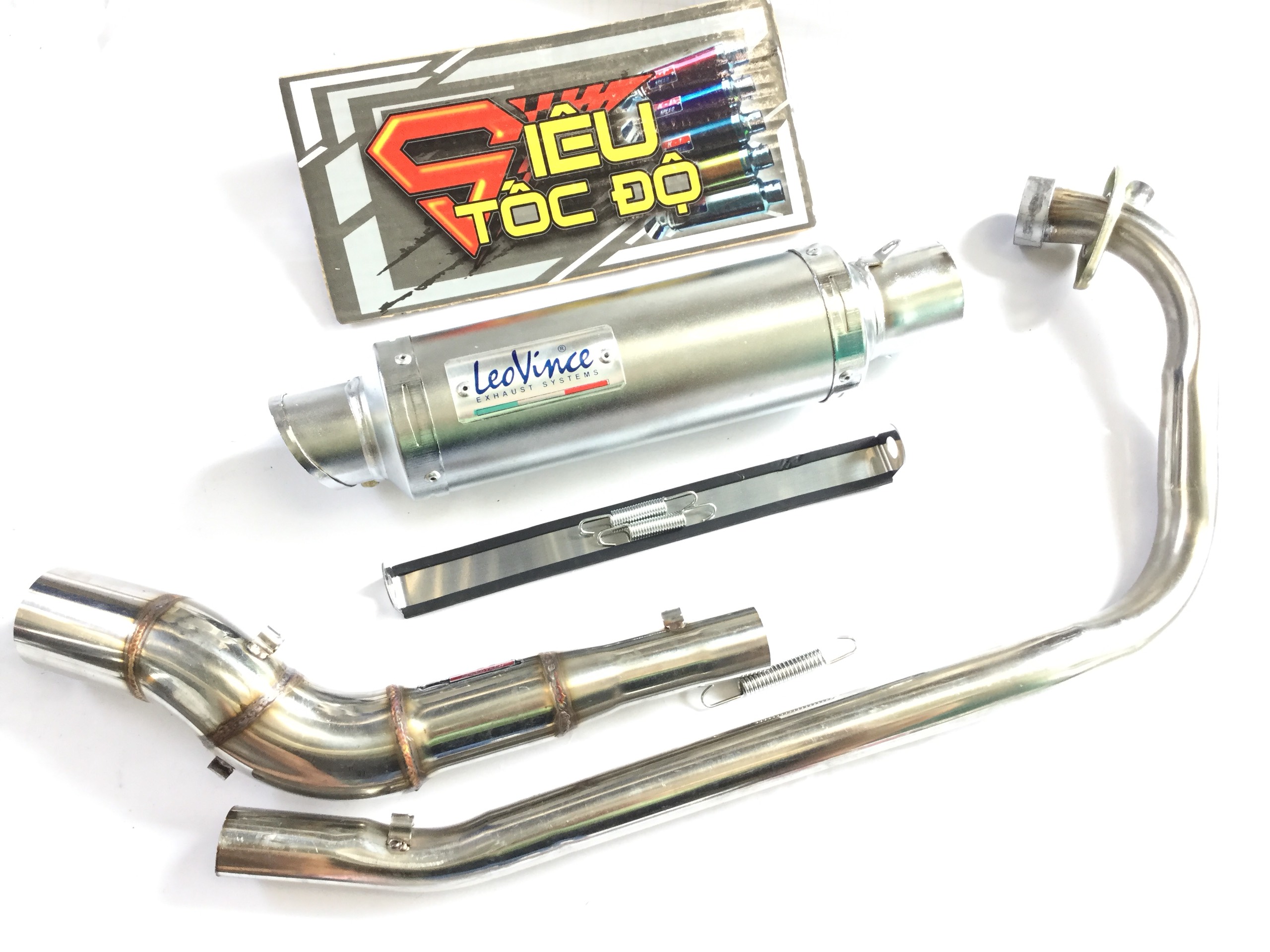 Pô leovince trắng full pass treo lò xo bao gồm cả cổ pô độ cong 2 khúc cho xe raider, satria, gsx.........