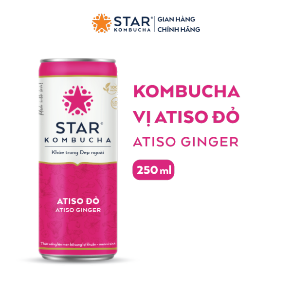 Thùng 12 lon trà STAR KOMBUCHA Atiso đỏ / Atiso Ginger (250ml/lon) - Trà lên men vi sinh chứa probiotics giúp bảo vệ sức khoẻ, thanh lọc toàn diện, tăng đề kháng dùng cho mọi lứa tuổi, cao cấp