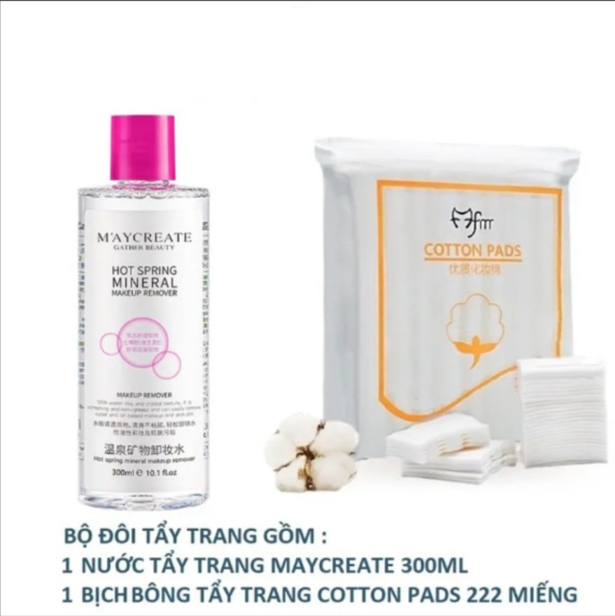 Combo nước tẩy trang maycreate 300ml và bông tẩy trang 222 miếng