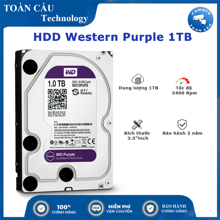 [HCM][100% CHÍNH HÃNG] Ổ cứng Camera HDD Western Purple 1TB WD10PURZ tím (bảo hành 2 năm) - Camera Toàn Cầu