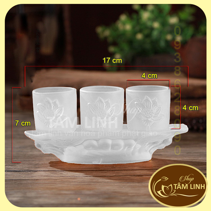 Án ba ly nước thờ cúng lưu ly trắng
