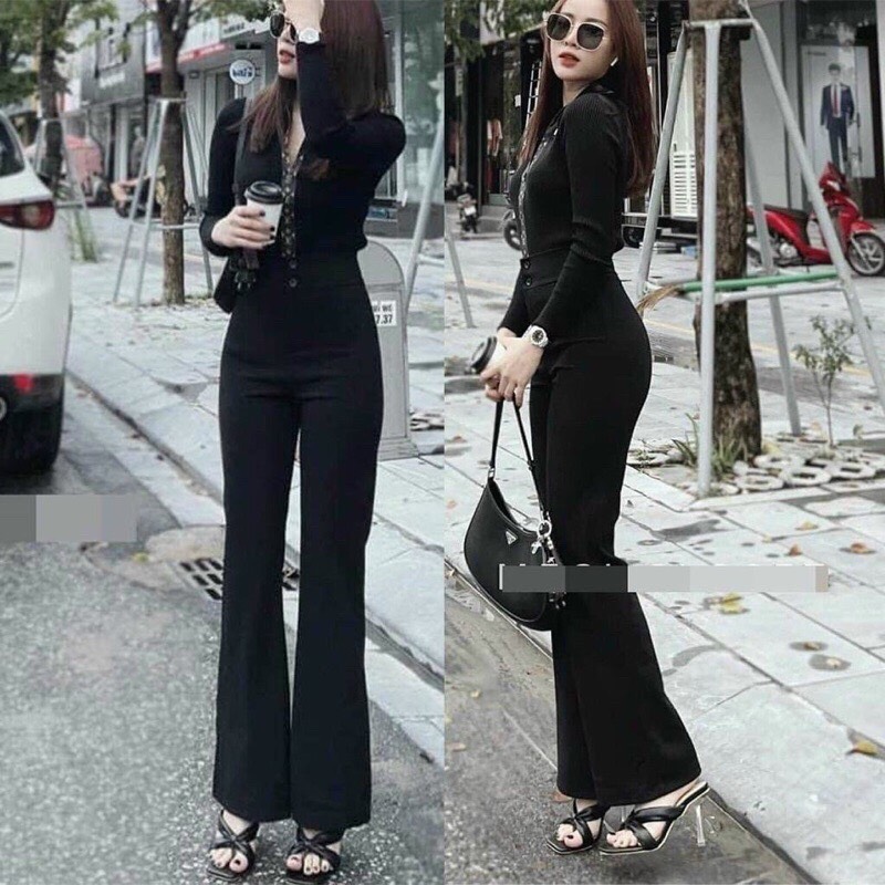 Quần ống loe cạp cao lưng cao nữ công sở 2 cúc vải tuyết mưa