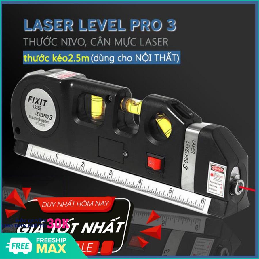 Thước đo khoảng cách bằng laser - máy đo khoảng cách laser cầm tay giá rẻ PRO 3 HÀNG CHUẨN - Đa chức năng: ni vô nằm, đứng, xiên 45 °, thước rút 2.5m, thước ngắn 15cm, laser đo cân bằng ngang