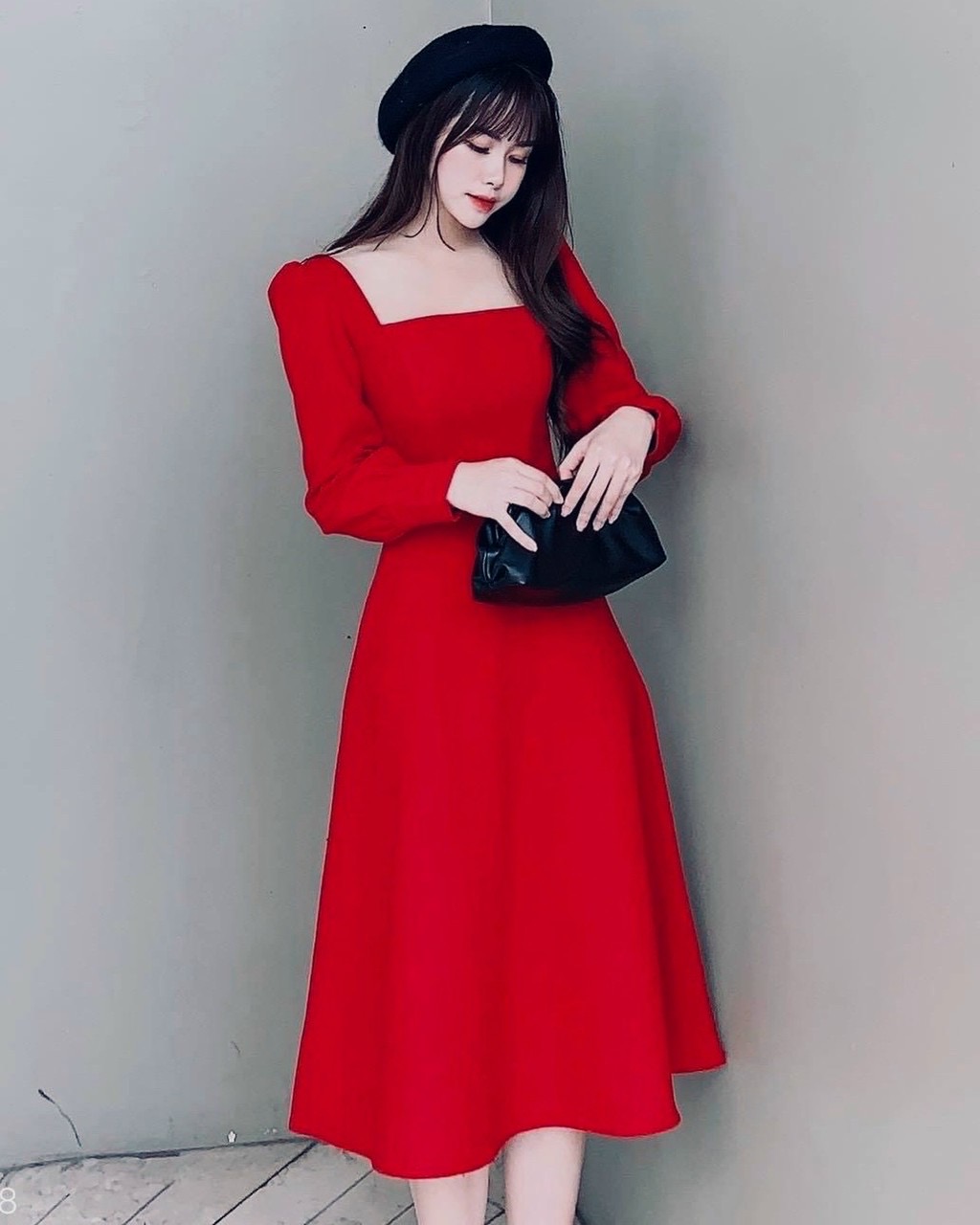 Đầm cổ vuông tay dài 4 màu