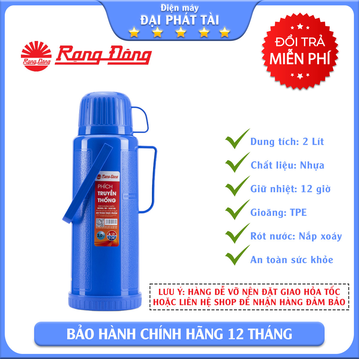 CHỈ GIAO Ở HCM Phích Đựng Nước 2 Lít N5 Rạng Đông RD 2035 N5 màu ngẫu nhiên