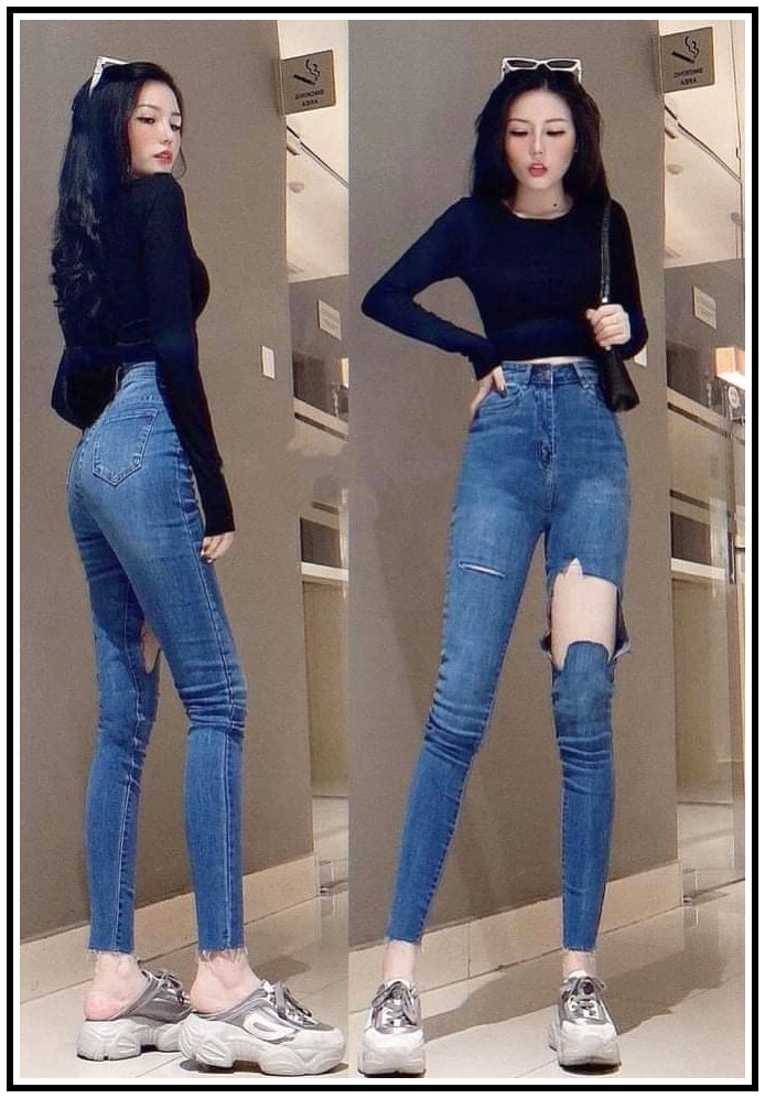 Quần jean nữ lưng cao RÁCH 2 BÊN TO NHỎ XÉ tua lai siêu tôn giáng chất jean giãn s5-16