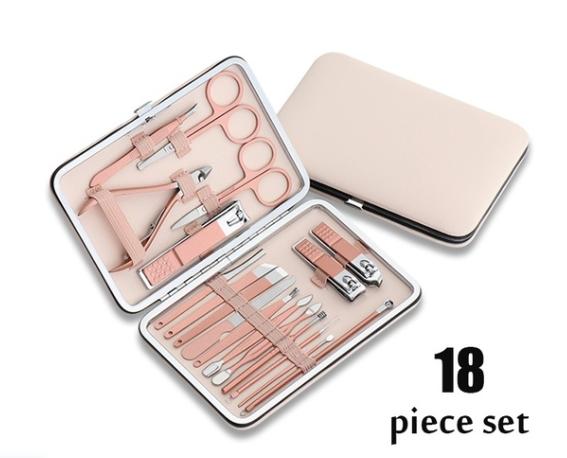 Bộ kìm bấm móng tay, móng chân, kéo cắt tỉa lông mày đa năng 18 chi tiết kèm hộp đựng bằng da màu hồng siêu xinh cho bạn gái - Bo kiem bam mong tay 18 mon loai to sieu xin