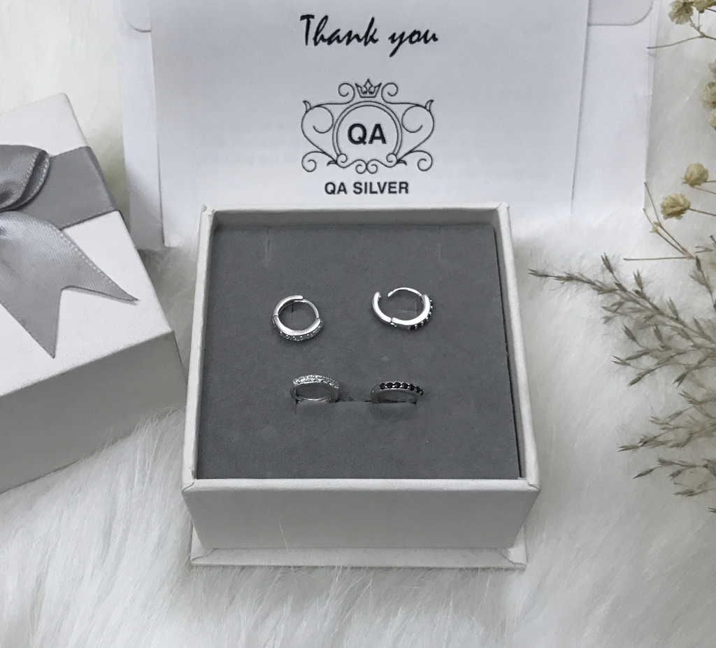 Khuyên tai bạc 925 tròn khảm đá bông tai hoop nam nữ đen trắng S925  HOOP QA Silver Earrings EA191001