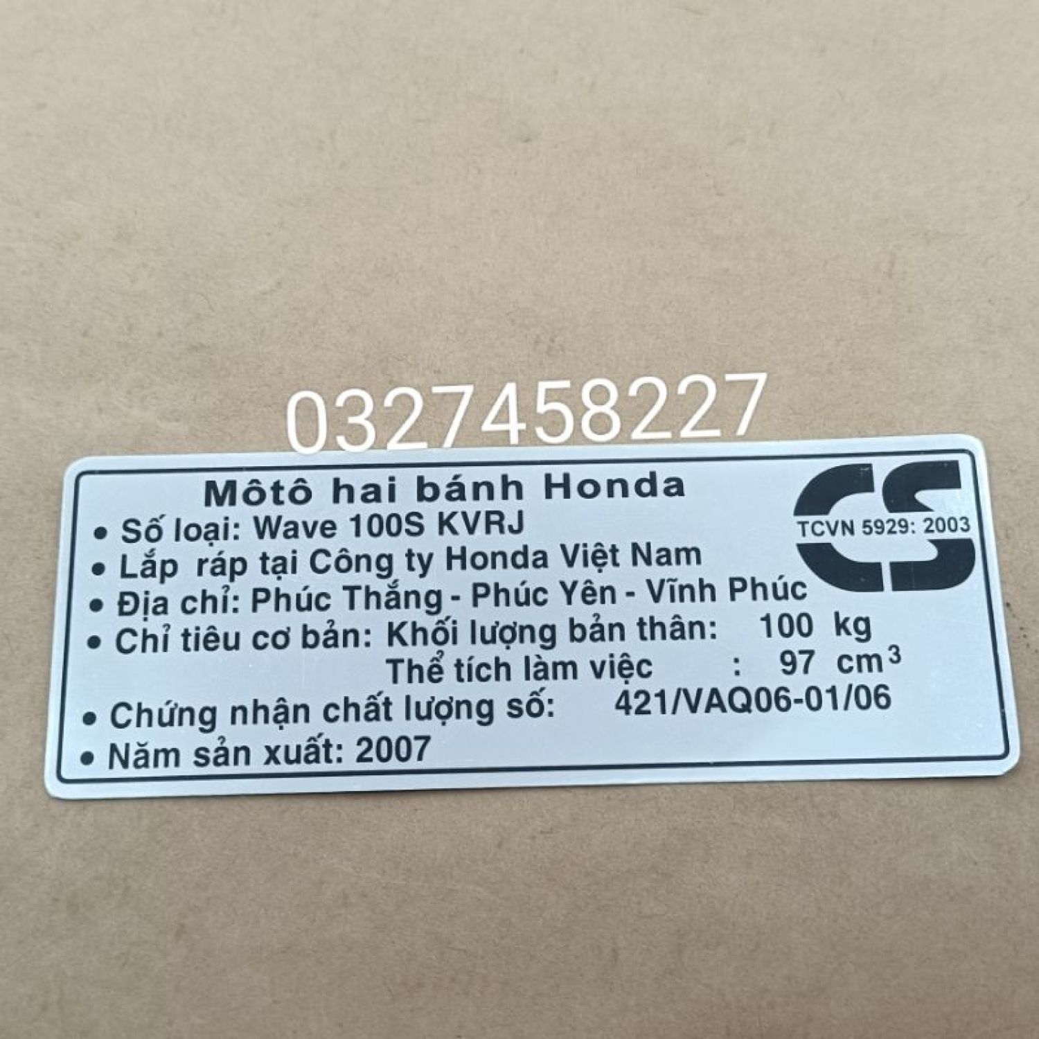 Tem thông số dán hộp xích, cacte xe WAVE S100 2007