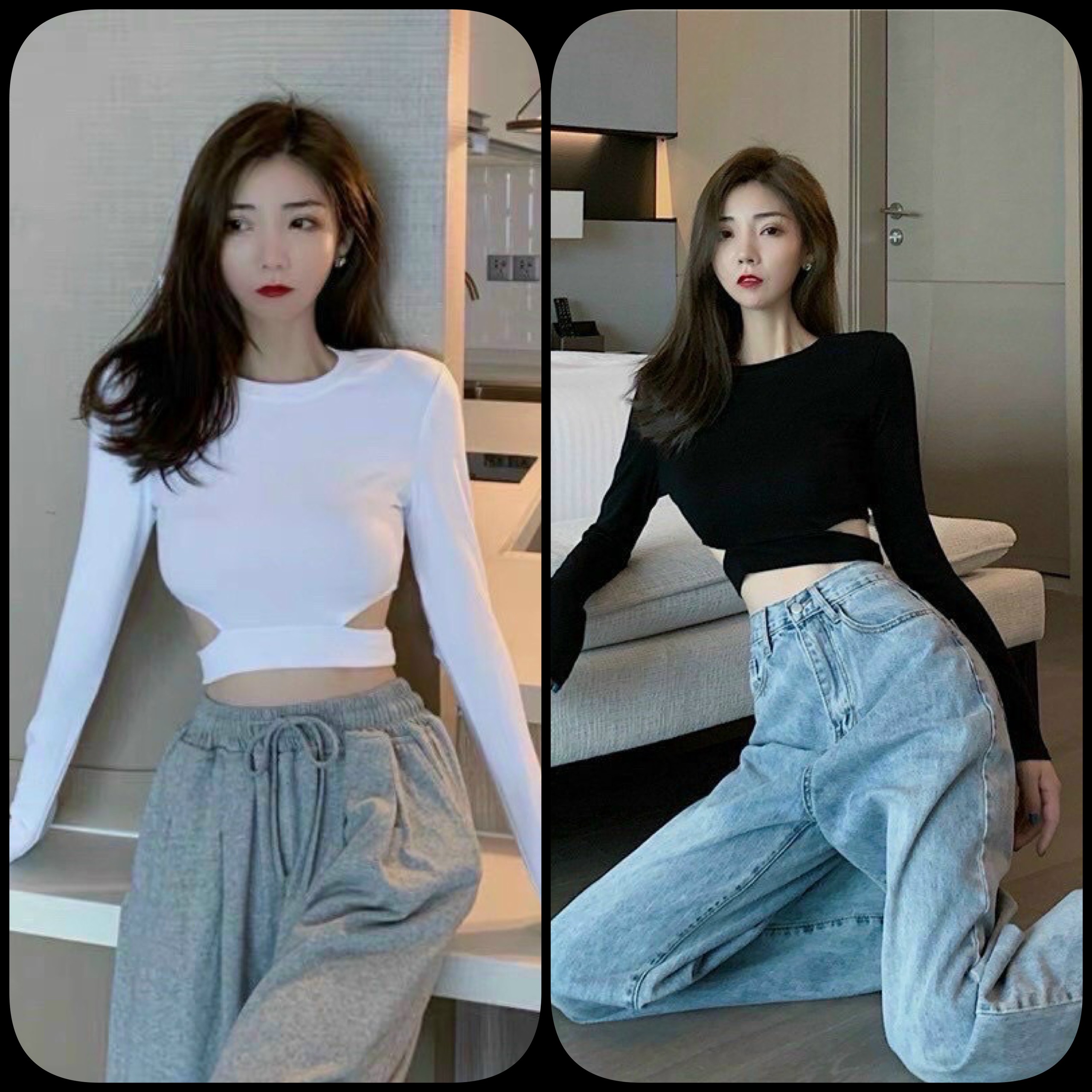 Áo thun croptop tay dài cổ tròn khoét eo