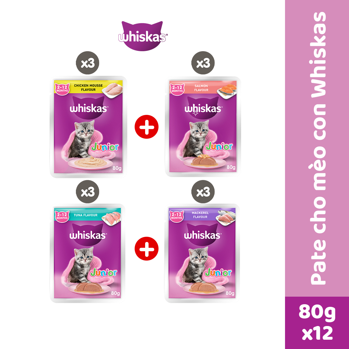 WHISKAS® Thức ăn cho mèo con dạng sốt (pate mèo) 80g (14 gói)