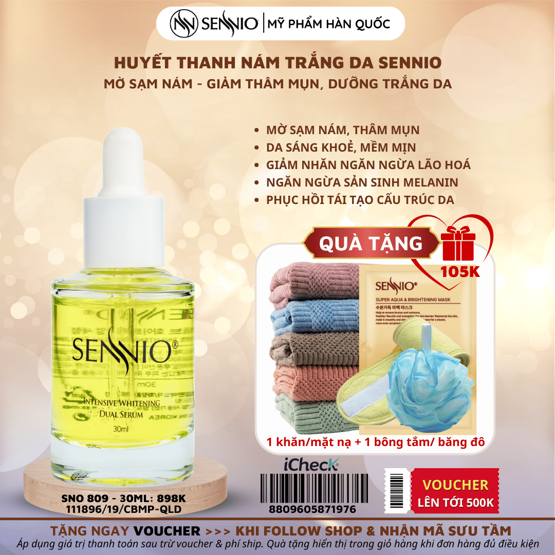 Serum dưỡng trắng da mờ thâm mụn, sạm nám, chống lão hoá Sennio 30ml Intensive Whitening Dual Serum 30ml