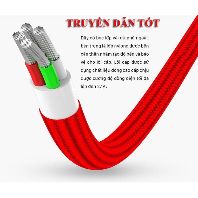 Dây cáp sạc 3 đầu đa năng 2A 3 in 1 bọc dù dài 1m2