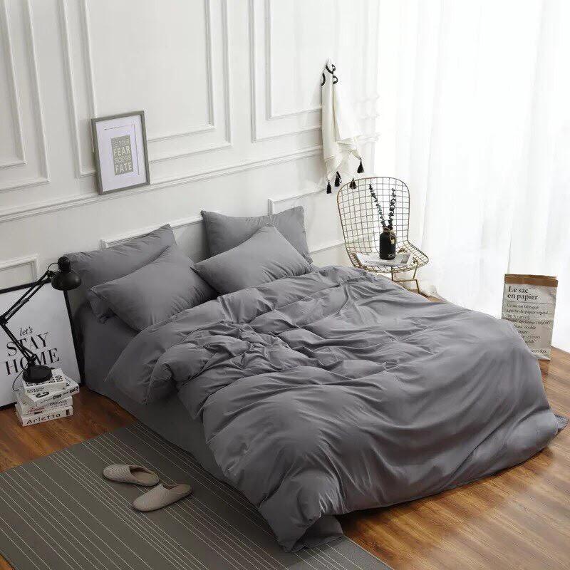 Bộ chăn ga gối phong cách Hàn Quốc basic ghi + ruột chăn hè thu