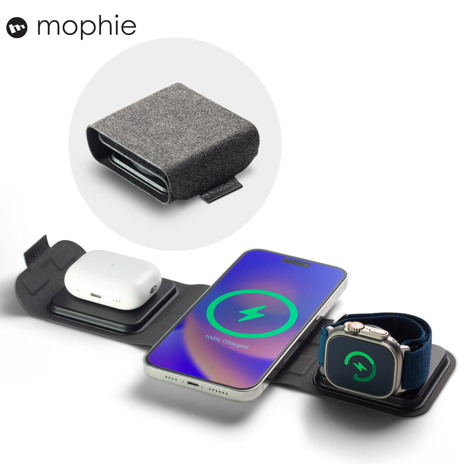 Đế sạc Mophie 3in1 travel - Black tích hợp magsafe, hỗ trợ sạc nhanh - Bảo hành 2 năm 1 đổi 1 - Hàng chính hãng
