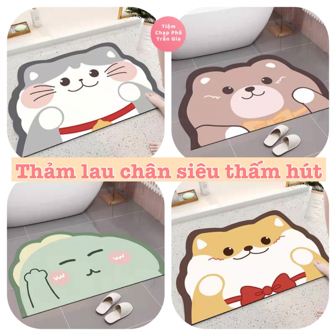 Thảm lau chân cao cấp silicone siêu thấm hút - Thảm chùi chân chống trơn trượt hình thú