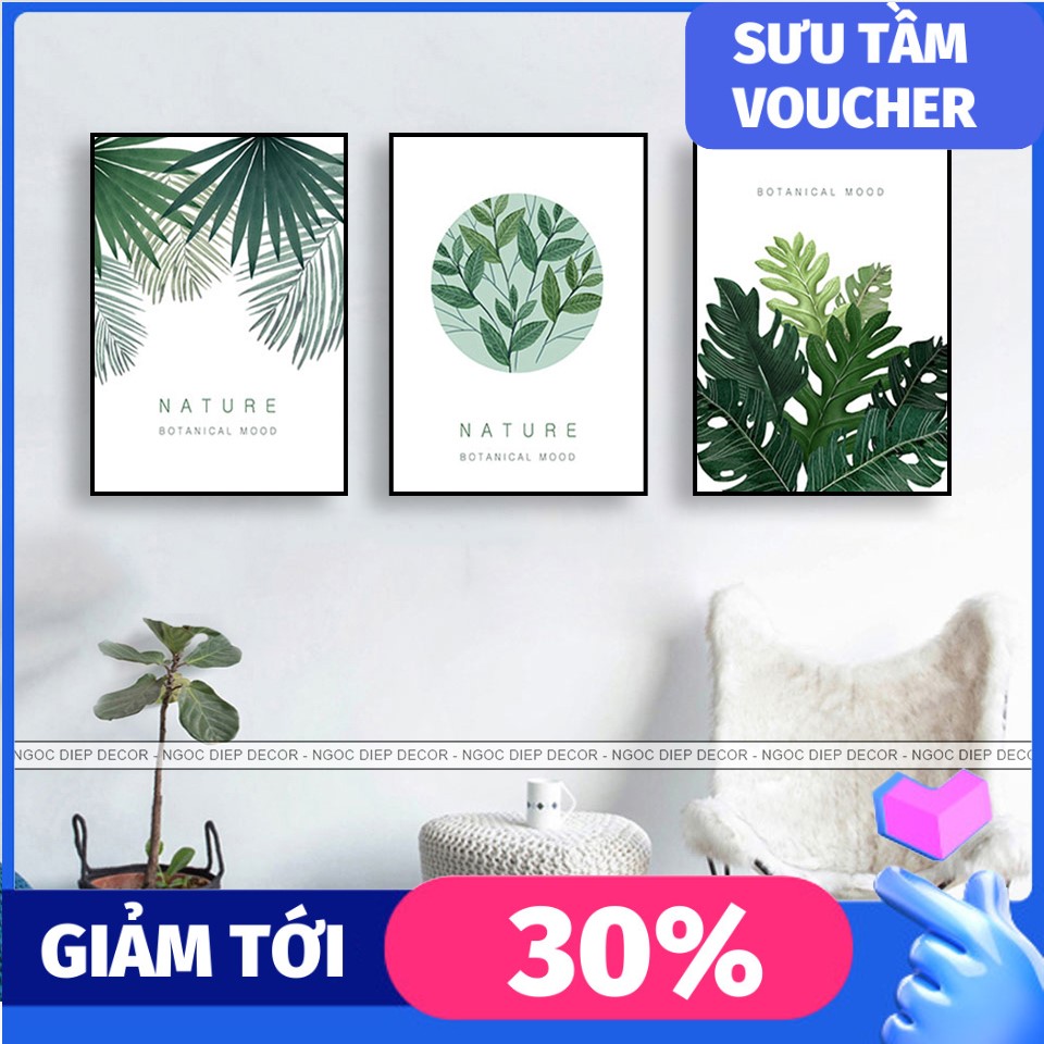 Tranh 3D phong cách Bắc Âu - Bộ 3 bức tranh dán tường lá cây nhiệt đới