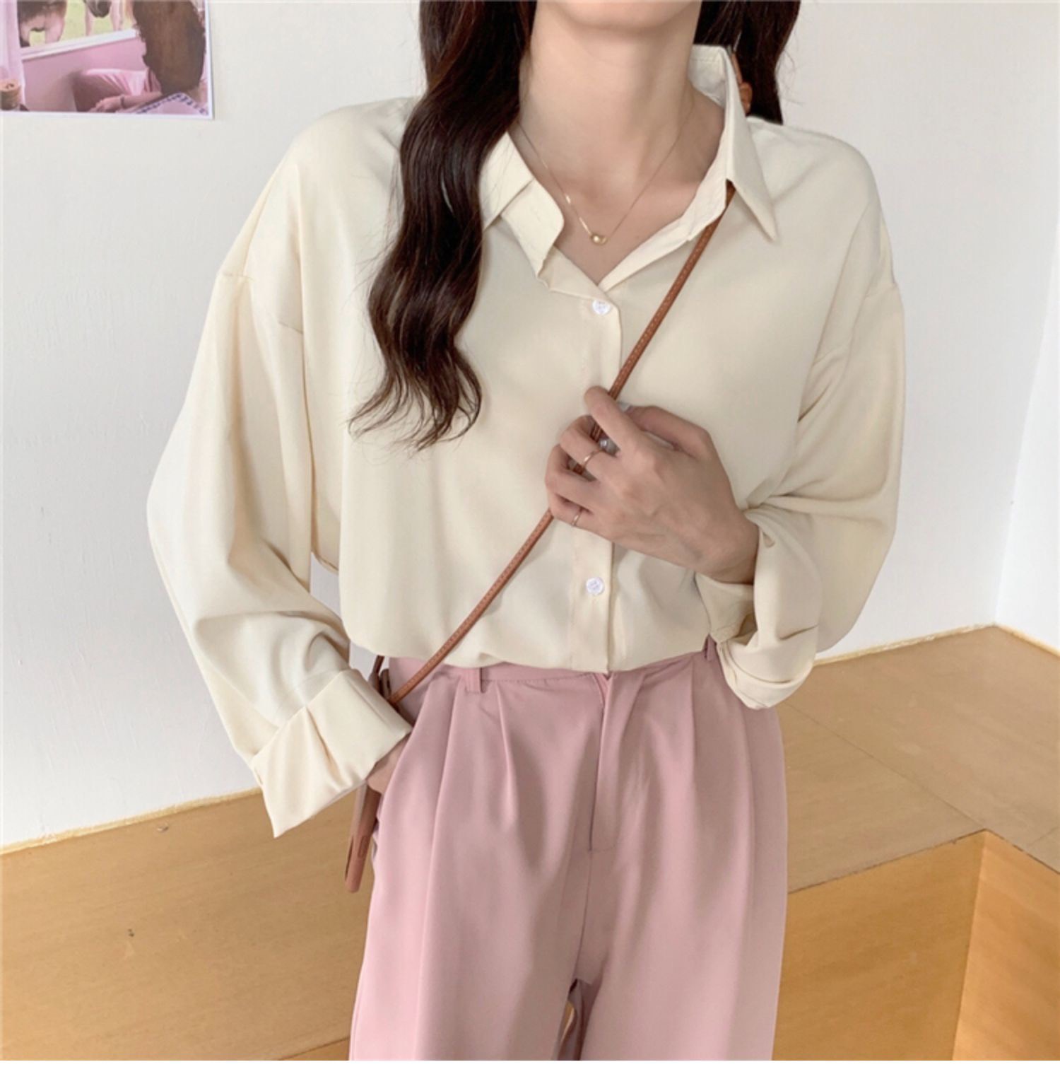 Áo sơ mi nữ dài tay form rộng ulzzang kiểu hàn basic màu trắng xanh nâu vàng tím dễ phối đồ
