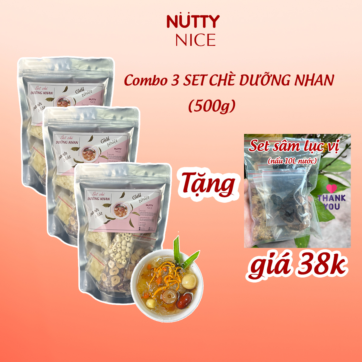 (Tặng sâm lục vị) Combo 3 Set chè dưỡng nhan mỗi set 500g Nutty Nice