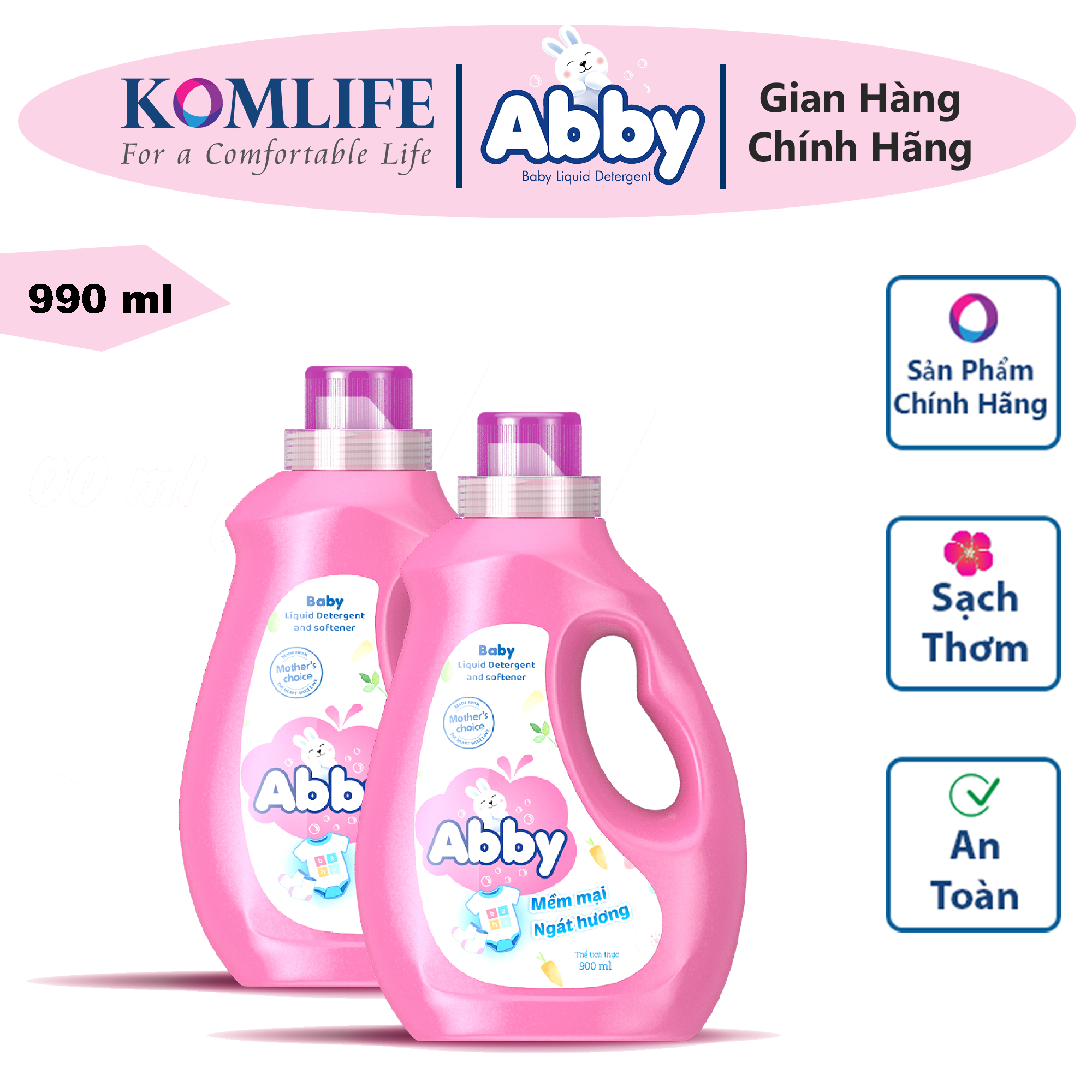 Nước giặt xả mẹ và bé 900 ml ABBY tự nhiên, an toàn, làm mềm vải