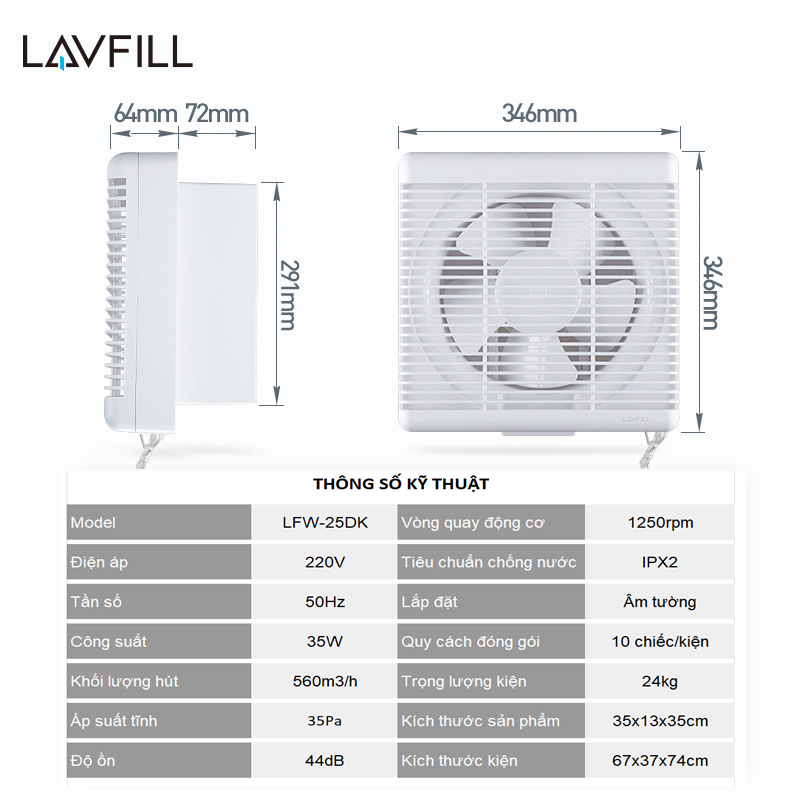 Quạt thông gió gắn tường 2 chiều LAVFILL LFW-15DK; LFW20DK; LFW-25DK; LFW-30DK