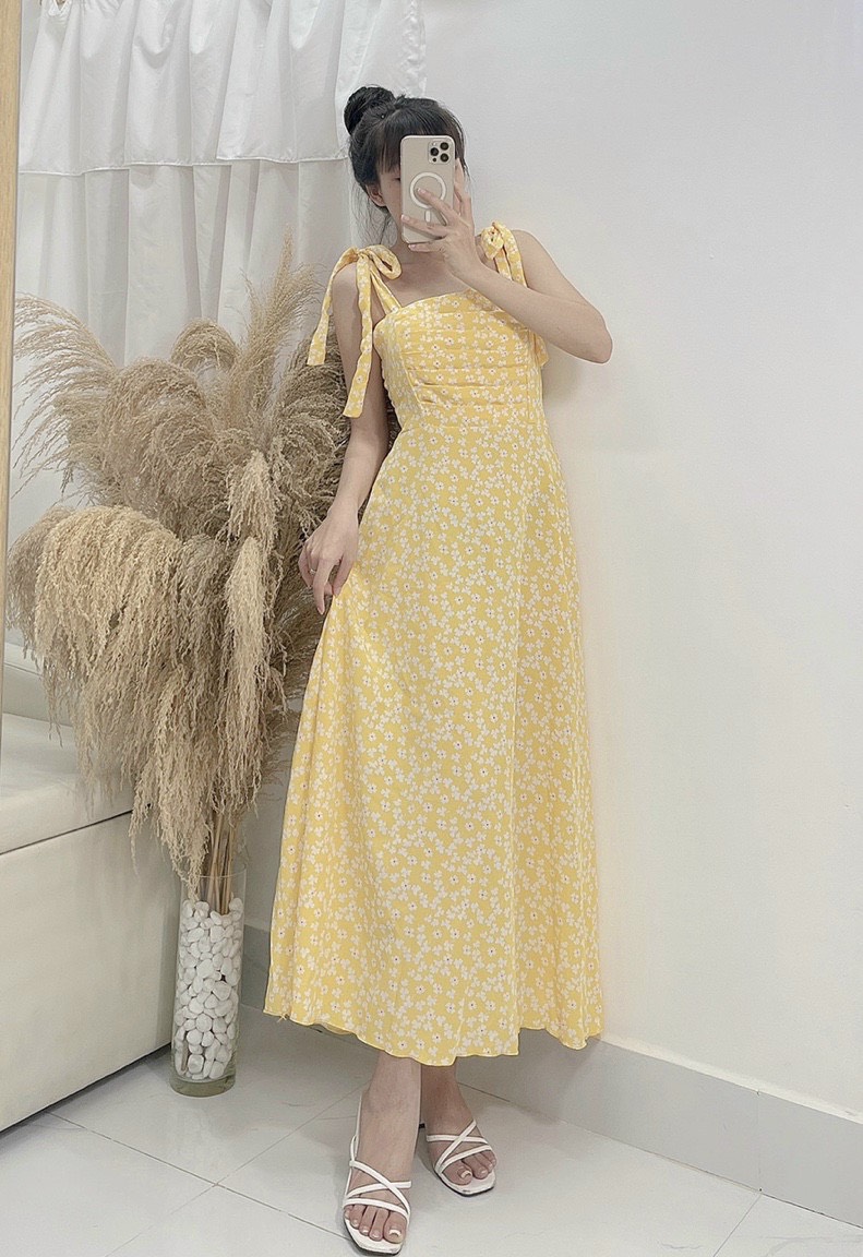Đầm maxi cột vai vải lụa hoa xếp ly ngực
