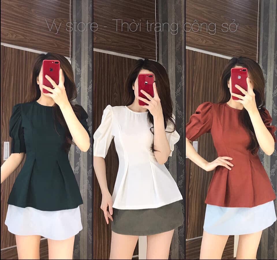 Áo Công Sở Tay Phồng Xếp Ly, Eo Peplum (Hàng Cao Cấp)