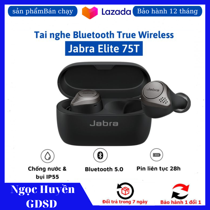 Tai nghe Bluetooth True Wireless Jabra Elite 75T, Chất Âm Thanh Cao, Âm Trầm Mạnh Mẽ, Chống Nước và Chống Bụi IP55, Pin liên tục 28h, Tích hợp với các hệ điều hành hiện nay