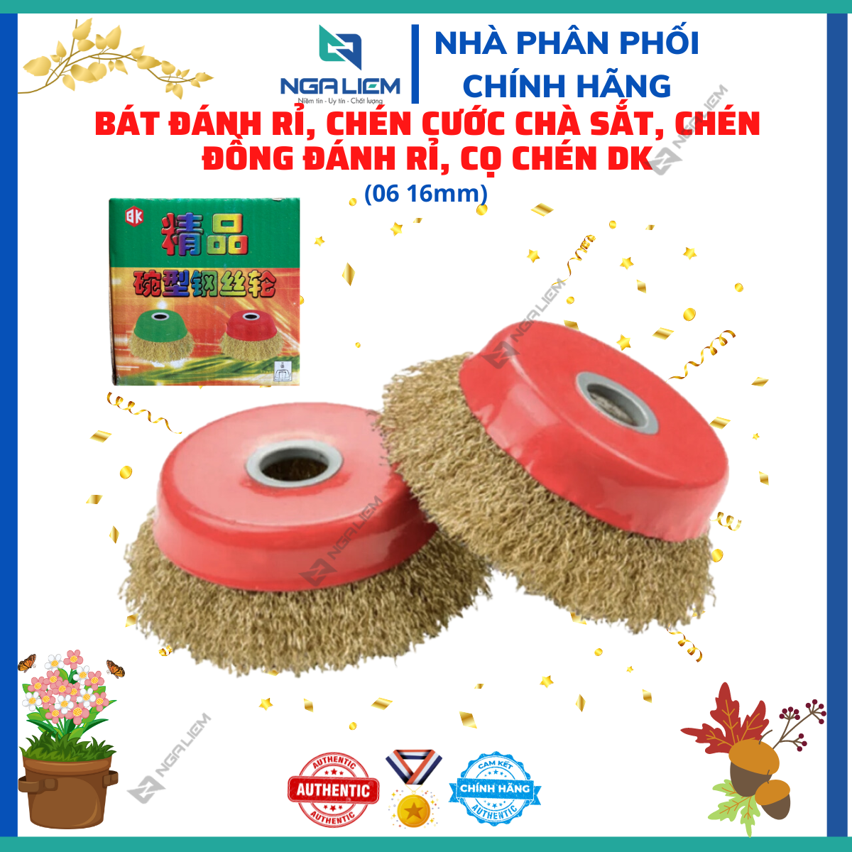 Bát đánh rỉ, chén cước chà sắt, chén đồng đánh rỉ, cọ chén 06 16mm vàng đẹp hiệu DK loại tốt