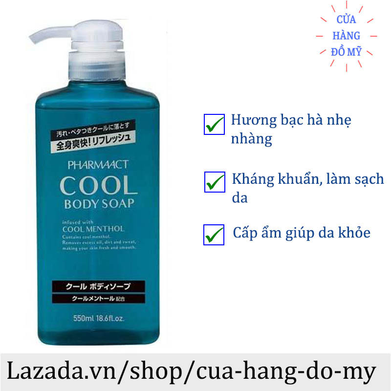 Sữa tắm cho nam  Pharmaact Cool Body Soap 550ml (Hương bạc hà) của Nhật Bản - Shop Hong1008