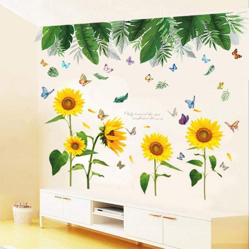 Decal dán tường giàn cây xanh lá đậm và hướng dương vàng