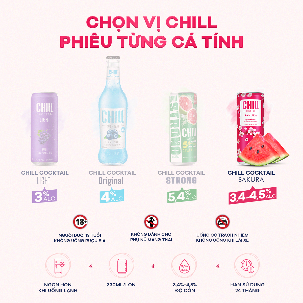 Thùng 6 lon Chill Cocktail Sakura vị Dưa Hấu Sake (330ml/lon)