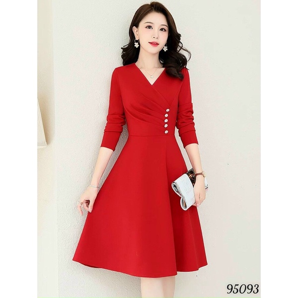 ĐẦM VÁY DỰ TIỆC ĐÍNH NÚT CỔ V EO XẾP LY ĐỦ SIZE