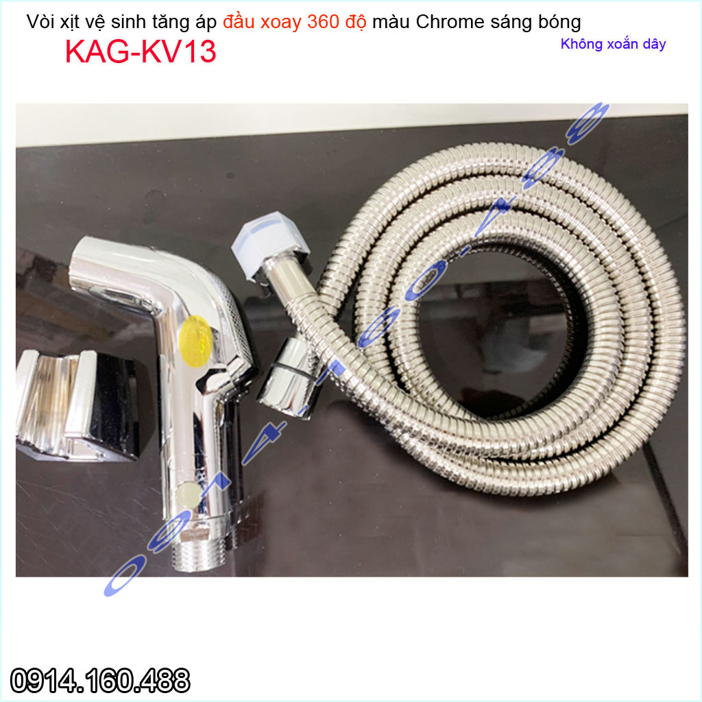 Vòi xịt vệ sinh KAG-KV13 xoay 360 độ dây không xoắn, vòi rửa ấn tay bồn cầu Crom bóng tia nước mạnh chịu áp lực mạnh chung cư nhà cao tầng siêu bền sử dụng tốt
