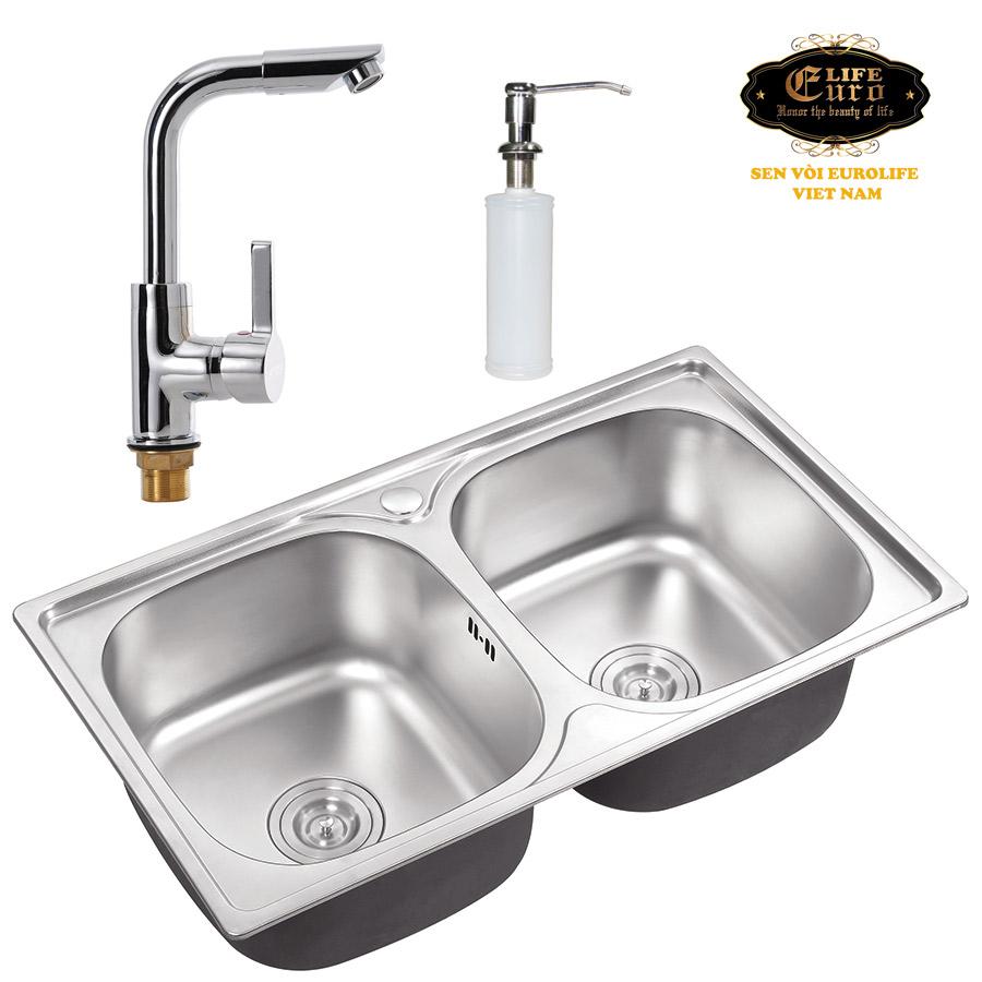 Chậu rửa chén Inox Eurolife C8 + Vòi rửa chén nóng lạnh Eurolife EL-T007 + Bình xịt nước rửa chén Eurolife C11