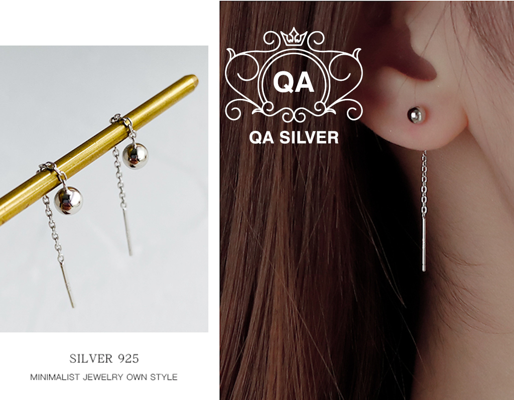 Khuyên tai bạc 925 dáng dài dây xích bi bông nữ sợi mảnh S925 CHAIN QA Silver Earrings EA170101