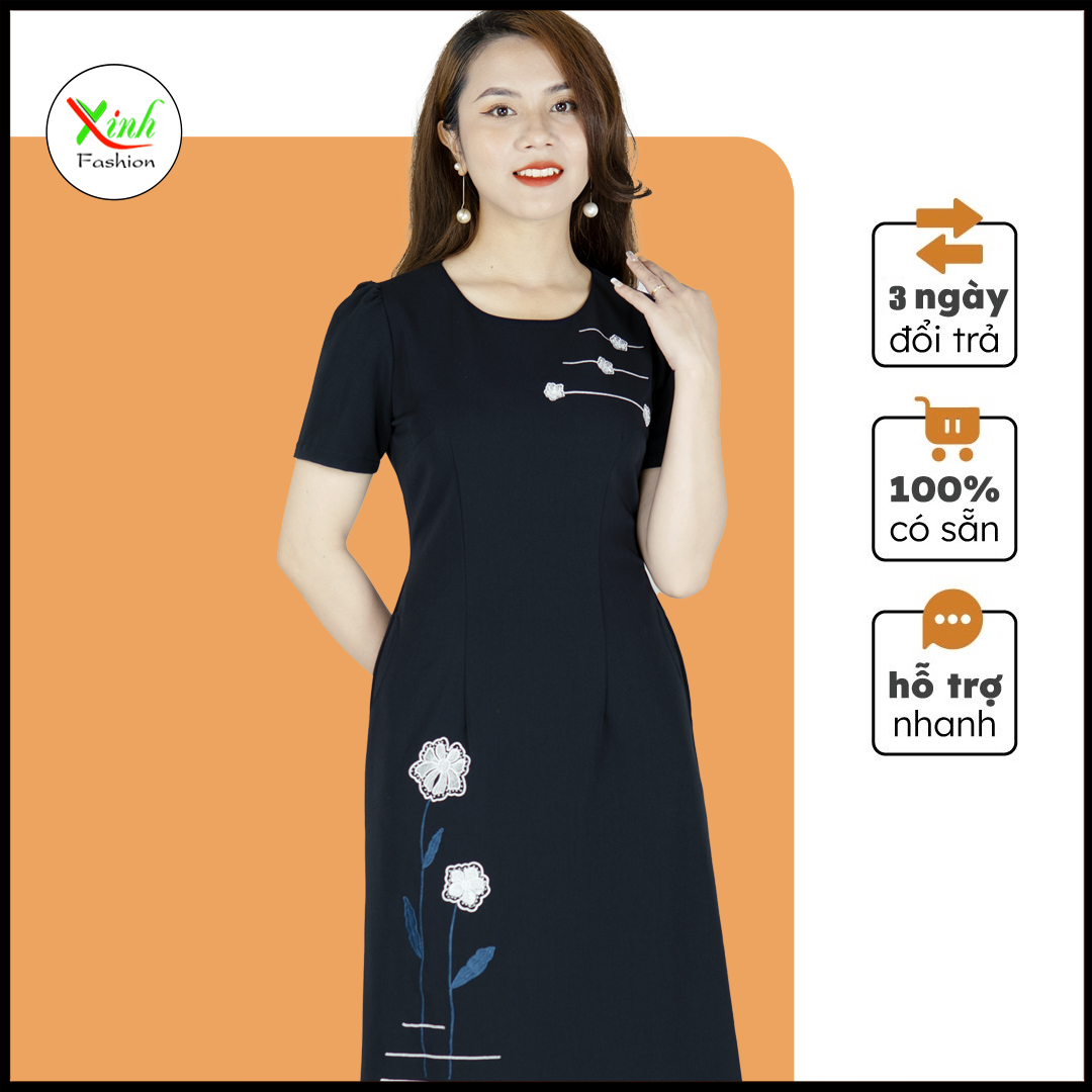 Đầm Suông A Thêu Hoa Nổi Xanh Đen Cực Sang Tạo Dáng Gọn DL875