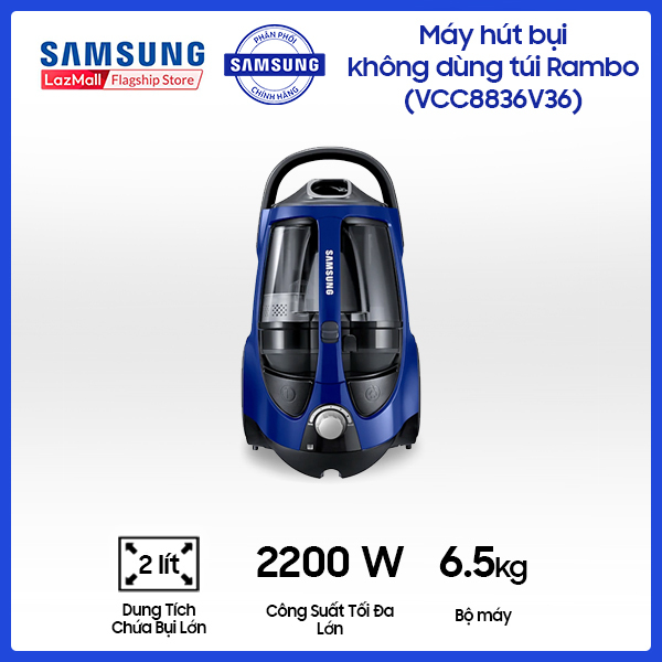 Máy Hút Bụi Samsung không dùng túi Rambo (VCC8836V36/XSV) - Hộp Chứa Bụi Ngăn Đôi Ưu Việt - Công suất tiêu thụ 2200W - Lực hút 430W - Dung tích chứa bụi 2L - Hàng phân phối chính hãng.