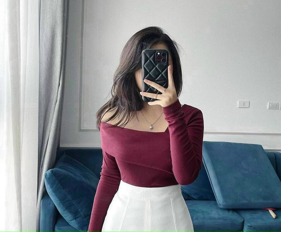 Áo thun gân đắp tầng lệch 1 bên vai tay dài ôm body siêu xinh MC
