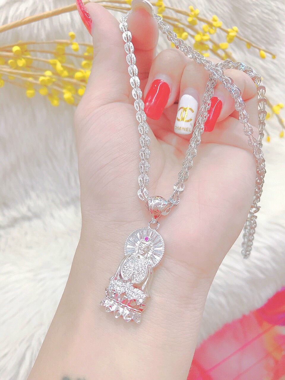 Dây chuyền phụng và mặt dây hình phật quan âm mạ bạch kim sáng đẹp