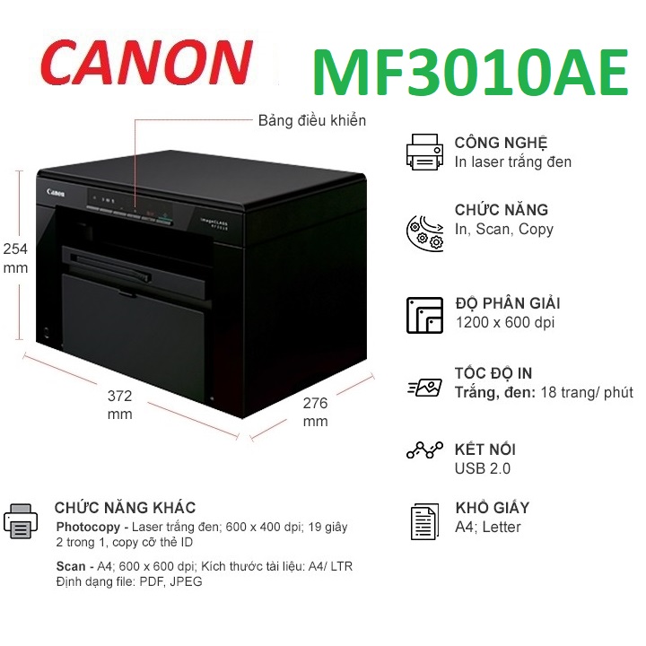 [Trả góp 0%]Máy in Laser Canon MF3010AE đa chức năng