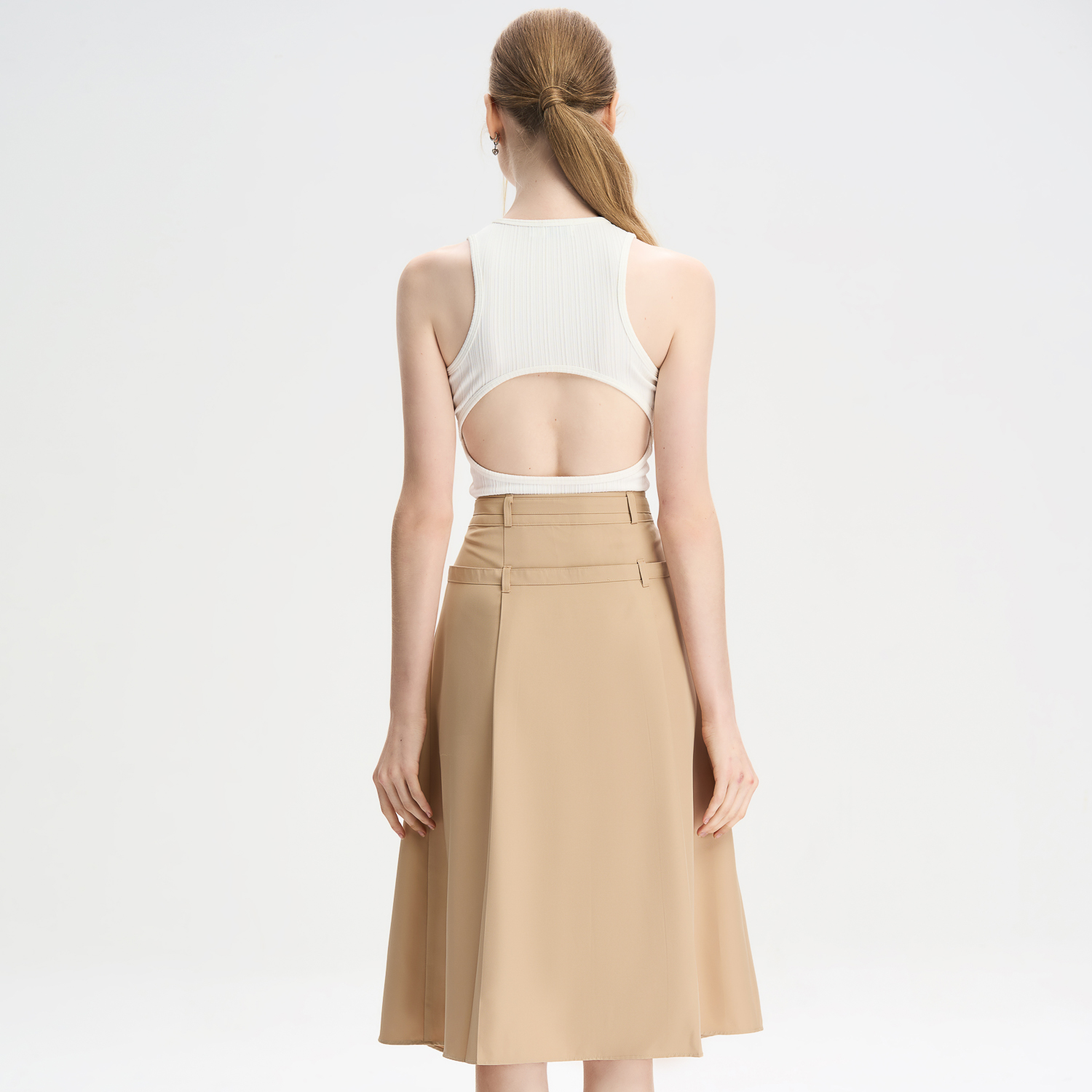 Chân váy midi xòe cotton lạnh dây lưng kiểu Maybi