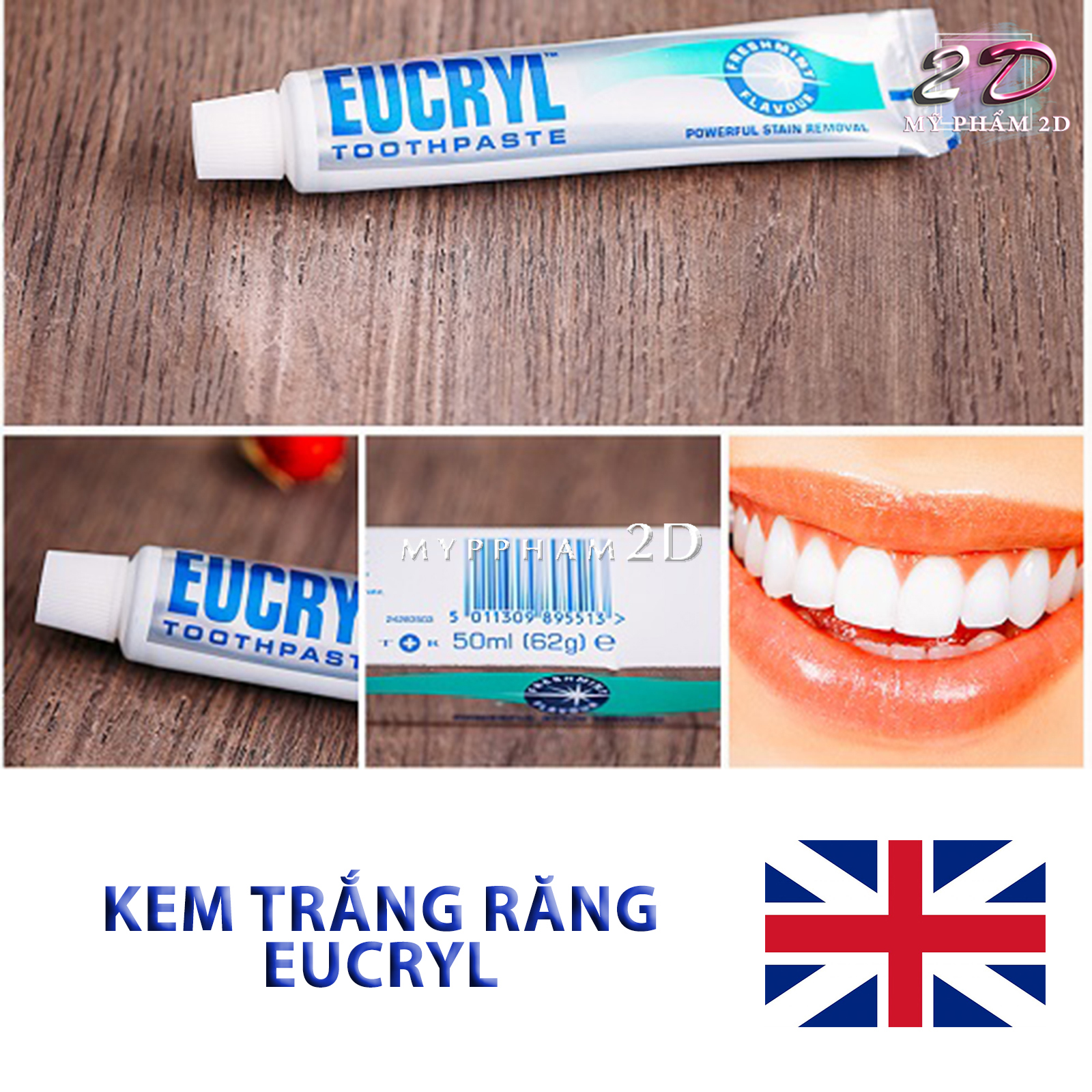 Kem đánh trắng răng Eucryl Freshmint Toothpaste Anh Quốc 62g [Đá dán răng 2D]