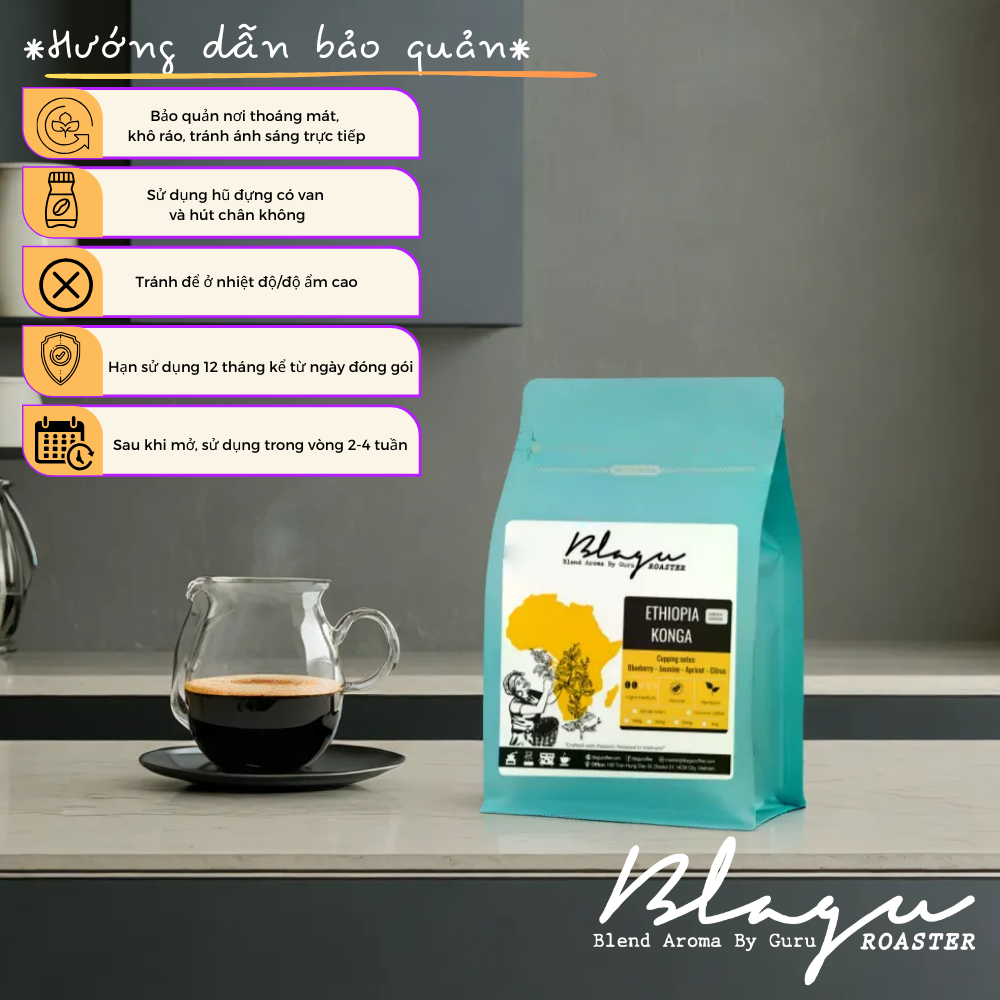 Cà Phê Blagu, Hạt Đã Rang, Ethiopia N. Konga - Light- Medium Roat - 250G