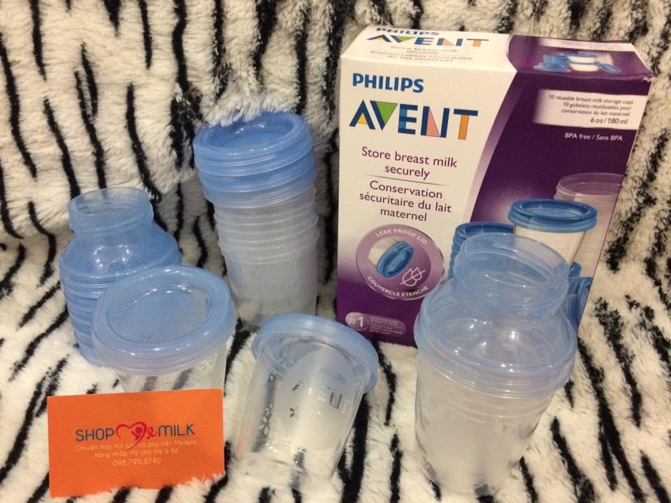 Cốc trữ sữa kèm 2 cổ bình Philips AVENT 180ml (Bộ 10 cốc)