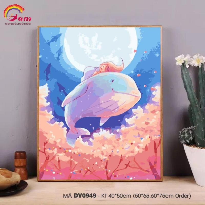 Tranh tự vẽ tự tô màu theo số sơn dầu số hóa Gam Tranh trừu tượng cá voi xanh và cô gái nhỏ DV0949