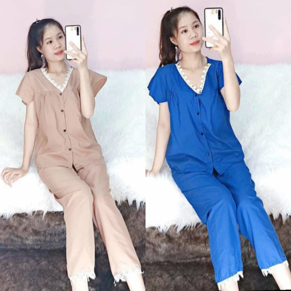 Bộ pijama kate lụa cổ tim phối ren, tay ngắn quần dài