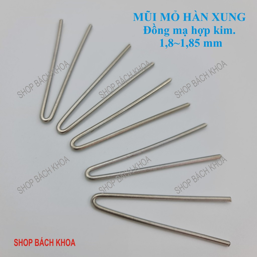 COMBO 05 mũi mỏ hàn xung, vật liệu bằng đồng mạ hợp kim, chống oxy hóa, ít đứt gẫy, kích thước to 1,8 mm đến 1,9 mm. Công suất 100W, 125W. Phù hợp cho mỏ hàn xung Tiệp, Việt Tiệp, Stanley, Bách Khoa ...