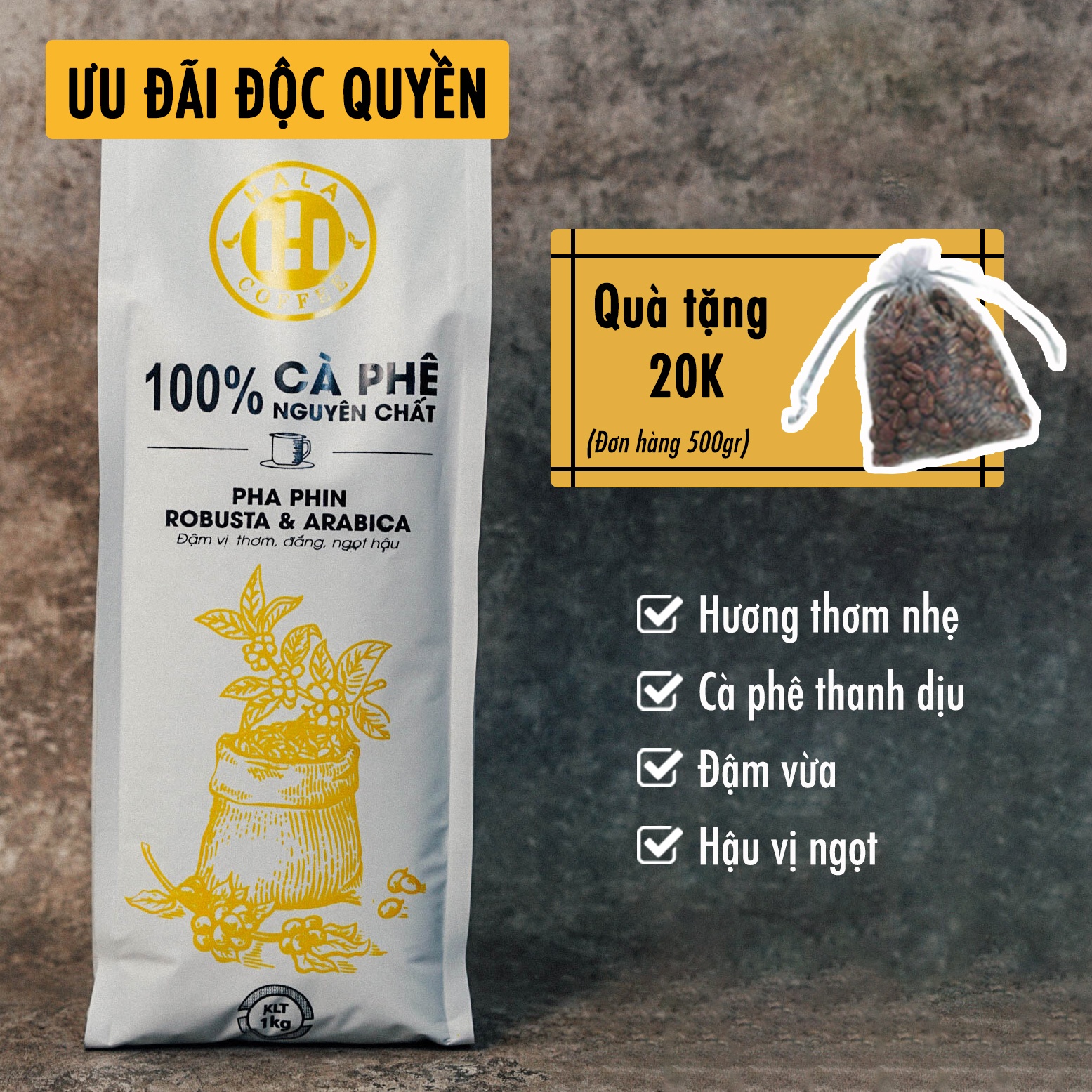 Cà phê rang nguyên chất xay sẵn pha phin Truyền thống Hala Coffee 1kg