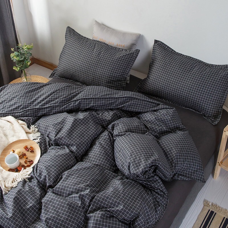 Bộ chăn ga gối phong cách Hàn Quốc caro đen nhỏ hiện đại bo chun đủ kích thước.
